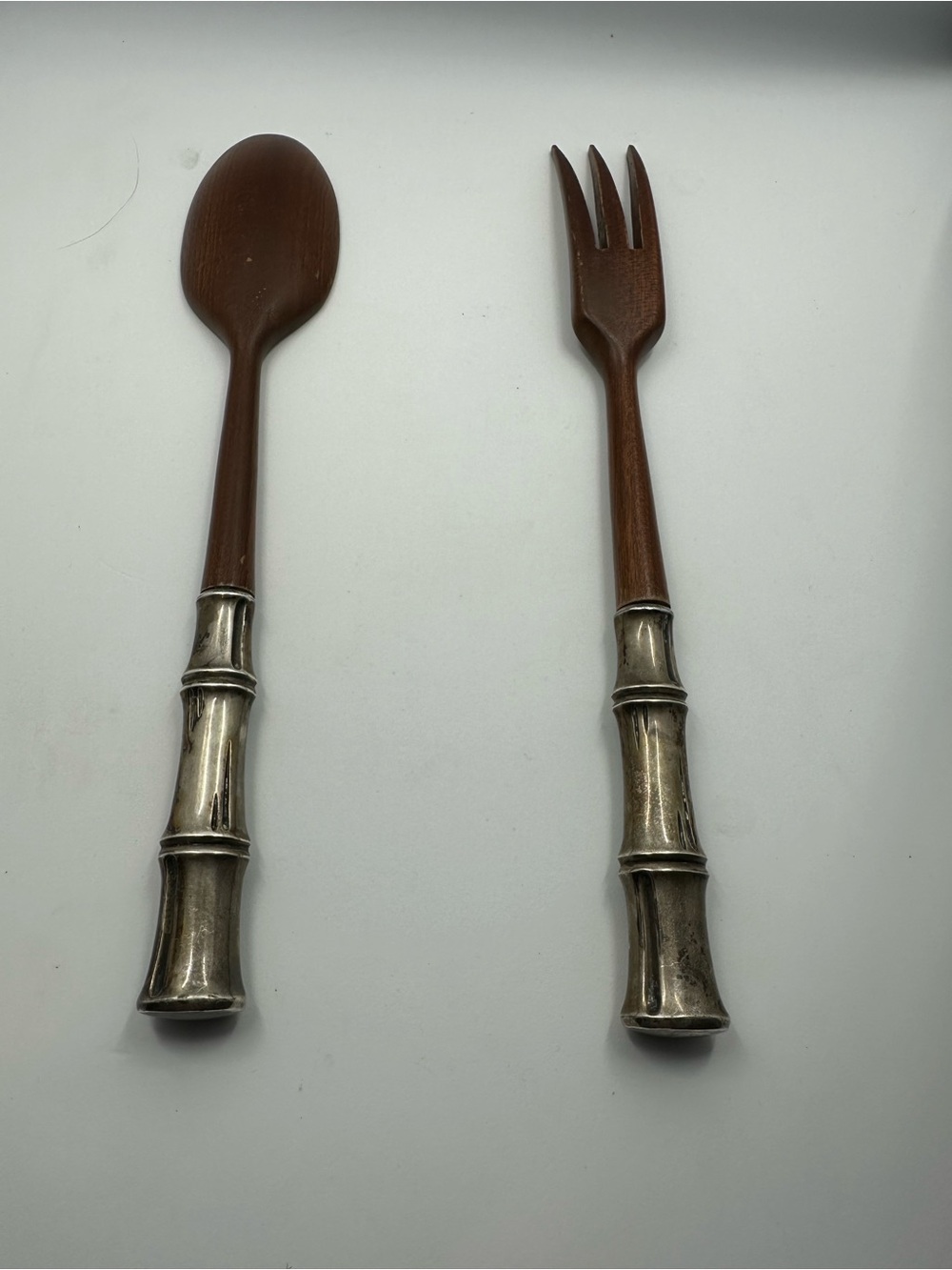 Tiffany & Co. Brown Wood and Silver Bamboo-Style Salad Servers